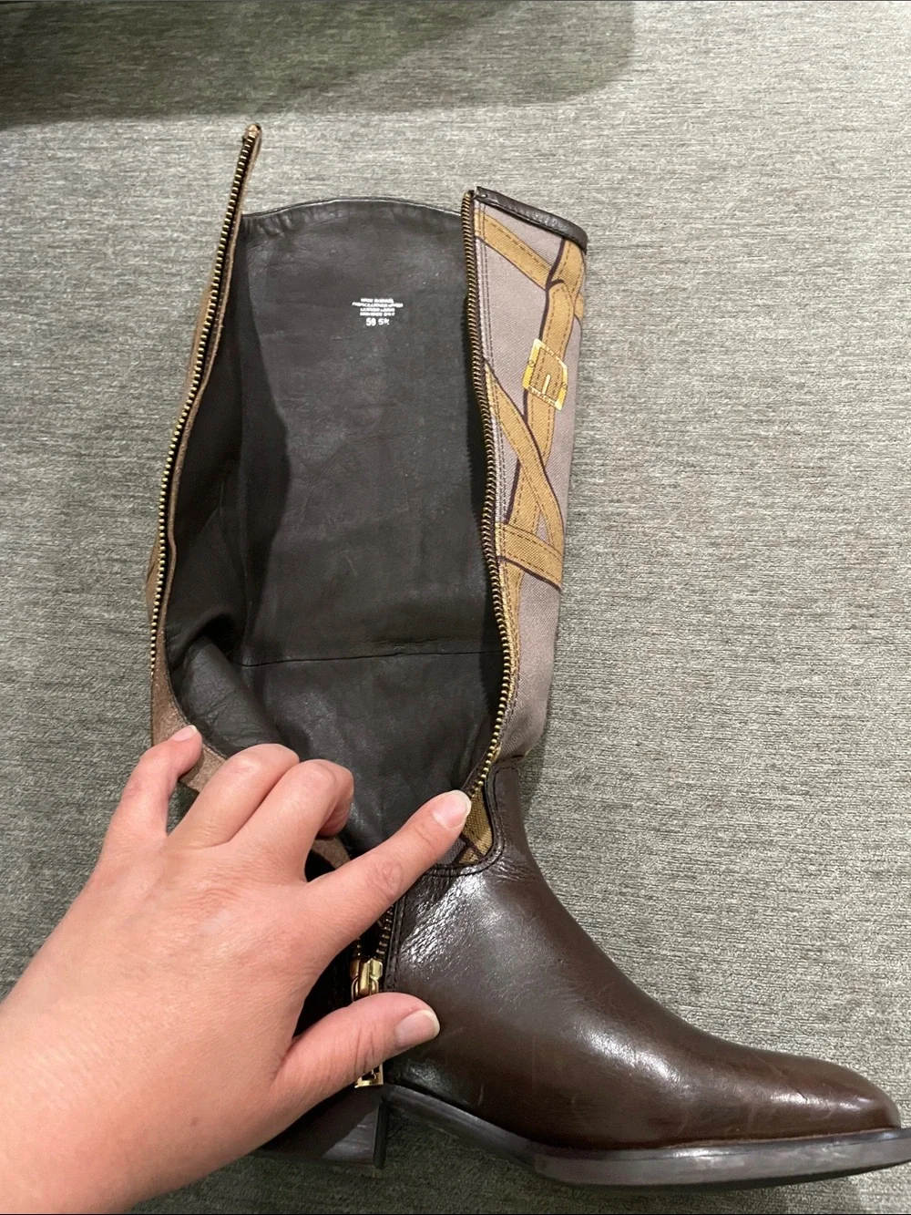 Tory Burch FELIX Riding Boots Brown Leather Equestrian Print Fabric Zip Size 5